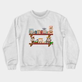 Coffee and reading - jars of coffee with book genre labels kept on a bookshelf with books Crewneck Sweatshirt